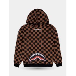 Felpa con cappuccio Sprayground a scacchi marroni vista frontale con squalo