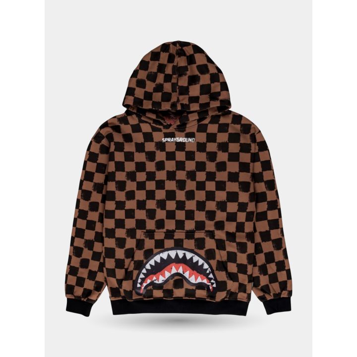 Felpa con cappuccio Sprayground a scacchi marroni vista frontale con squalo