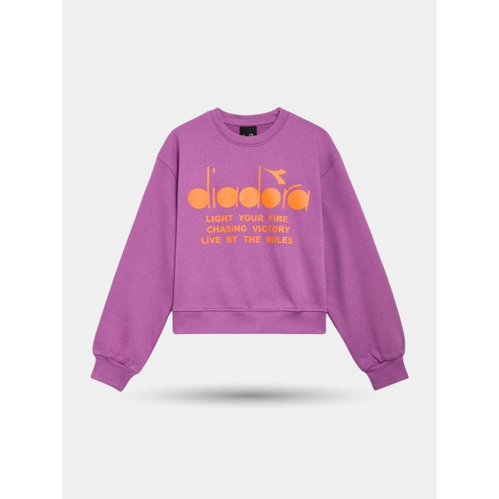 Felpa girocollo Diadora lilla con logo arancione, vista frontale