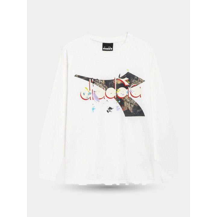 T-shirt manica lunga Diadora bianca con logo spray, vista frontale