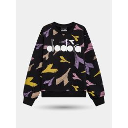 Felpa girocollo Diadora nera con frecce colorate e logo bianco, davanti