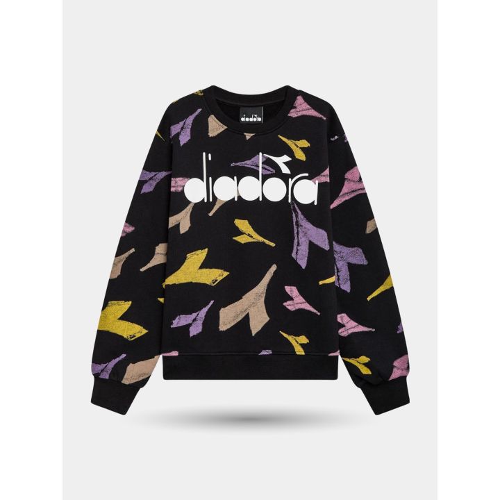 Felpa girocollo Diadora nera con frecce colorate e logo bianco, davanti