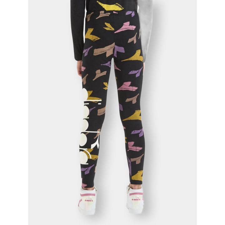 Retro dei leggings neri con frecce gialle, lilla e rosa e logo verticale