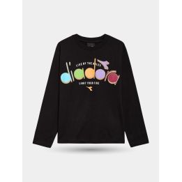 T-shirt manica lunga Diadora nera da ragazzo con logo multicolore, davanti