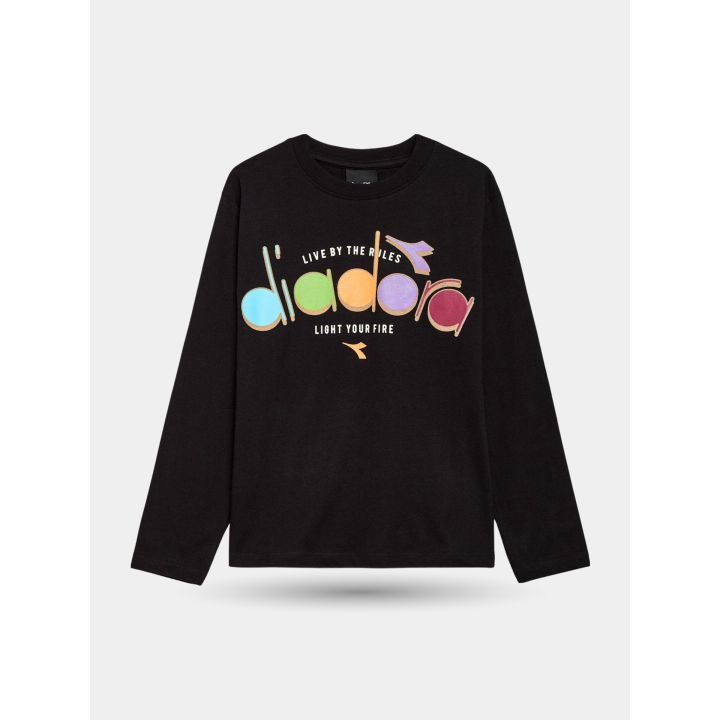 T-shirt manica lunga Diadora nera da ragazzo con logo multicolore, davanti