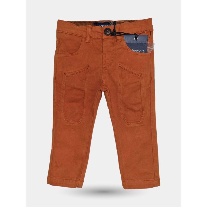 Pantaloni Jeckerson arancioni da neonato vista frontale con toppe