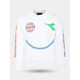 Felpa girocollo Diadora bianca da bambino con smile, vista frontale