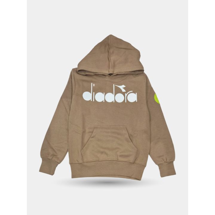 Felpa con cappuccio Diadora marrone da ragazzo con logo bianco, davanti