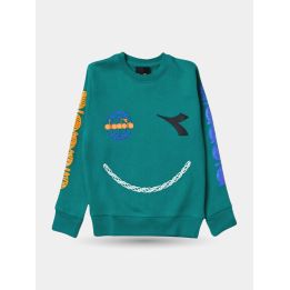 Felpa girocollo Diadora verde da ragazzo con smile e occhiolino, vista frontale