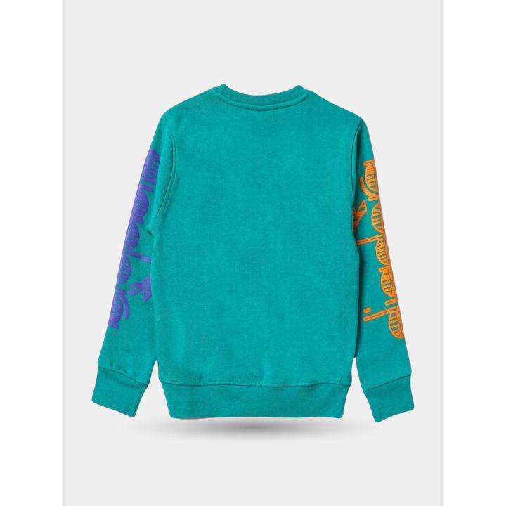Felpa Diadora verde vista da dietro, scritta blu e arancione sulle maniche
