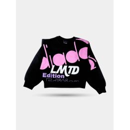Felpa girocollo Diadora nera da ragazza con maxi logo rosa, vista frontale