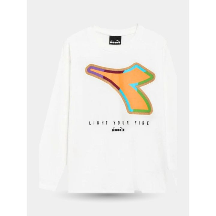 T-shirt manica lunga Diadora bianca da bambino con freccia arancione