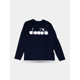 T-shirt manica lunga Diadora blu da ragazzo con logo bianco, davanti