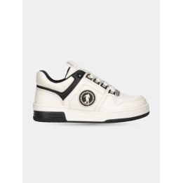 Sneakers Bikkembergs bianche con profili neri e logo tondo, vista laterale