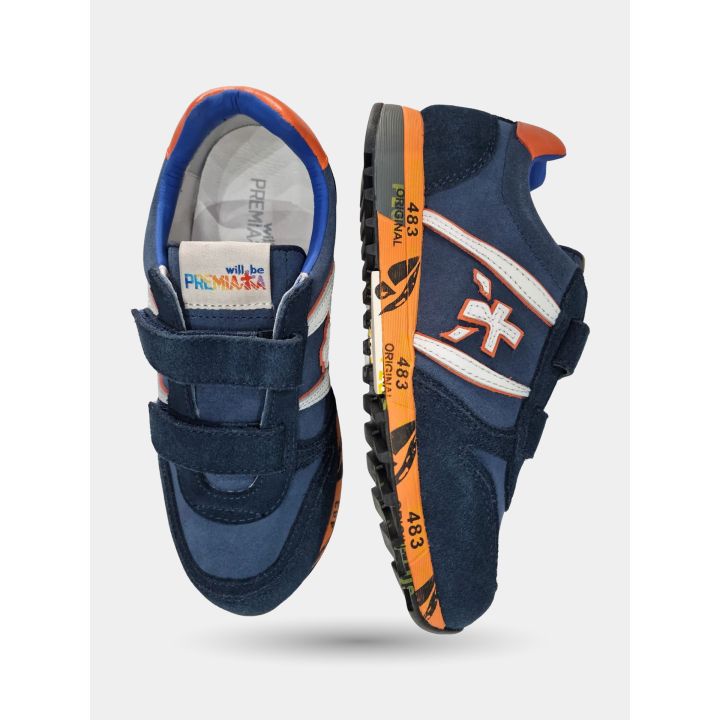 Sneakers Premiata blu di lato e dall'alto con la suola arancione stampata