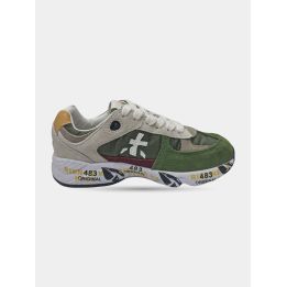 Sneakers Premiata verdi e beige con lacci, vista laterale