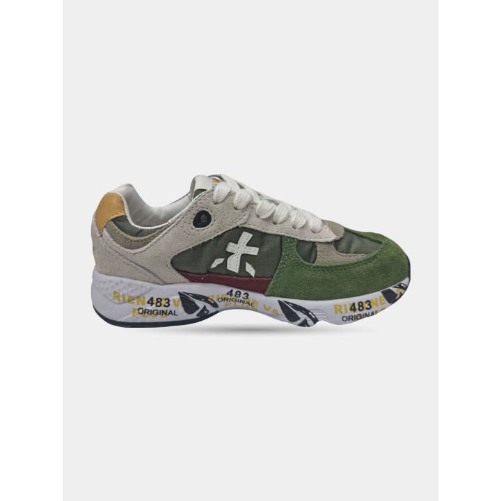 Sneakers Premiata verdi e beige con lacci, vista laterale