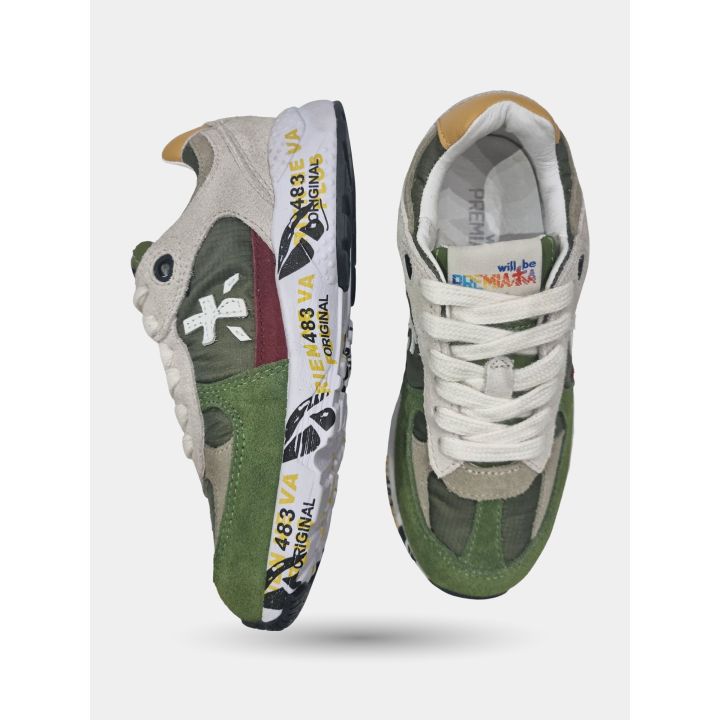 Sneakers Premiata verdi e beige di lato e dall'alto con la suola bianca stampata