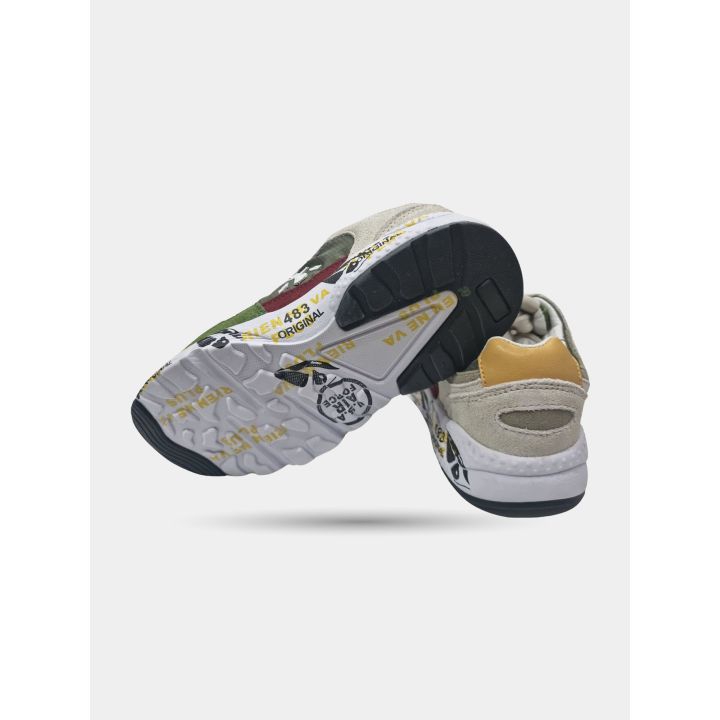 Suola stampata e talloncino senape delle sneakers Premiata verdi e beige