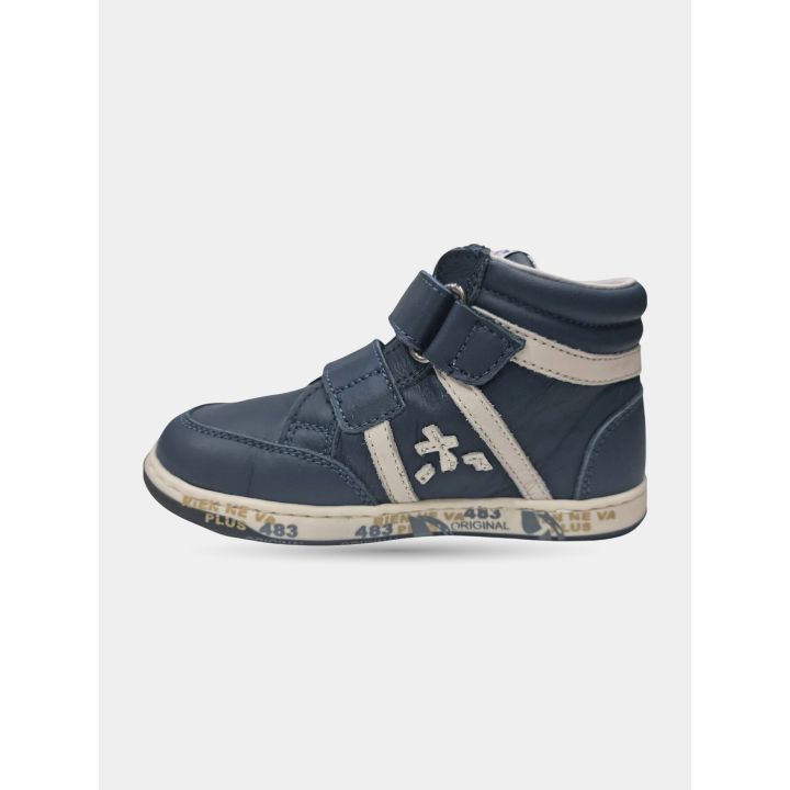 Sneakers alte Premiata blu con doppio strappo, vista laterale