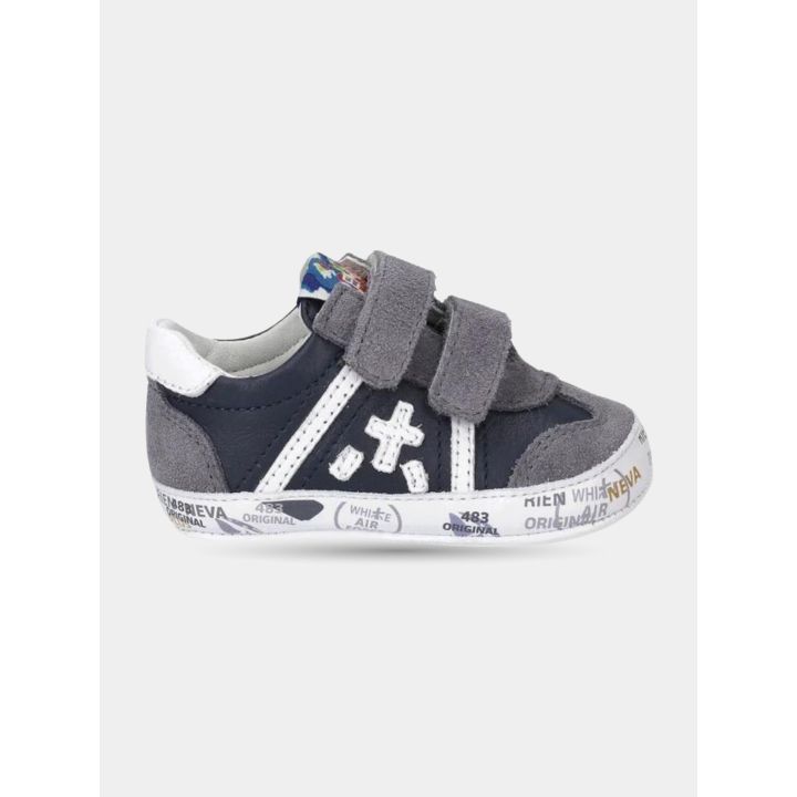 Scarpe culla Premiata blu e grigie, vista laterale