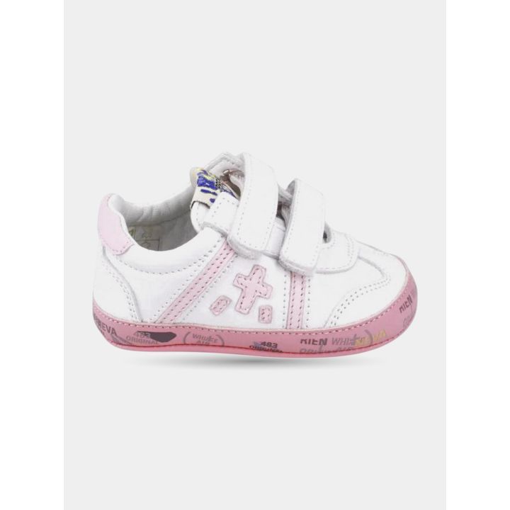 Scarpe culla Premiata bianche e rosa con doppio strappo, vista laterale