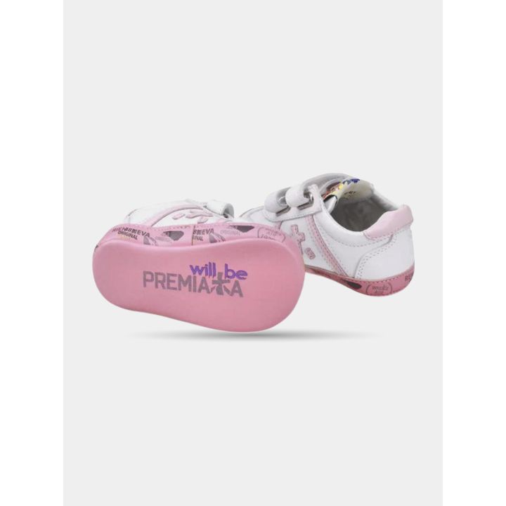 Suola rosa con il logo Premiata delle scarpe culla bianche e rosa