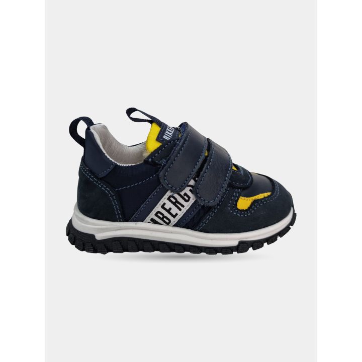 Sneakers Bikkembergs blu e gialle con doppio strappo, vista laterale