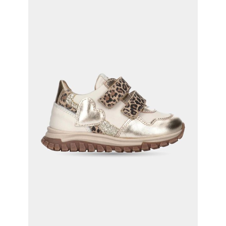Sneakers Walkey oro da bambina con strappi maculati e cuore, vista laterale