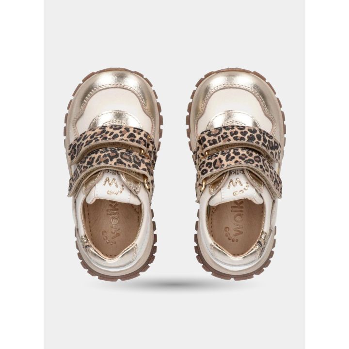 Sneakers Walkey oro viste dall'alto con i due strappi a stampa maculata