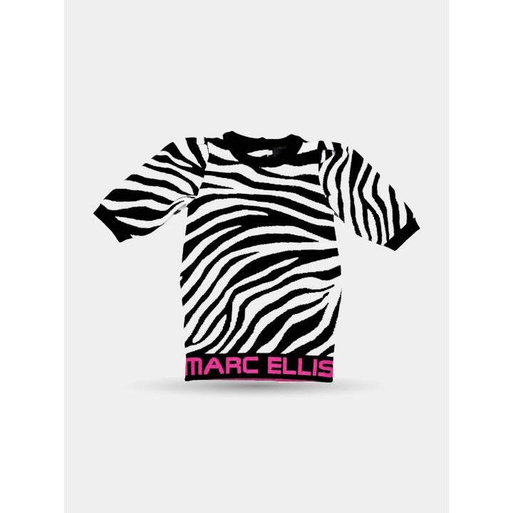Abito Marc Ellis bambina zebrato bianco e nero con logo fucsia, vista frontale