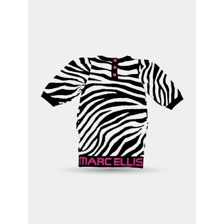 Retro dell'abito zebrato Marc Ellis con tre bottoni fucsia sul collo