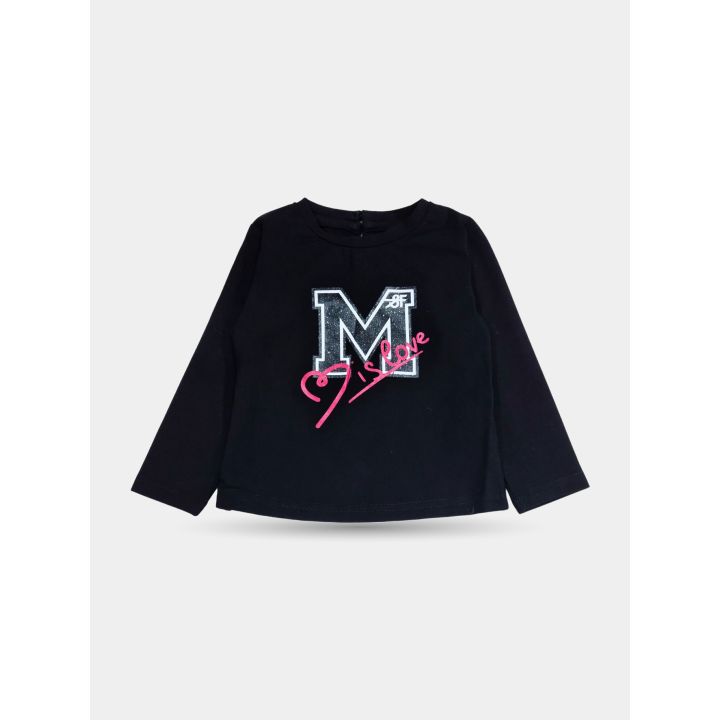 T-shirt FUN&FUN nera da neonata vista frontale con M glitter