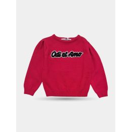 Maglione rosso Odi et Amo da neonata con logo sul petto, vista frontale