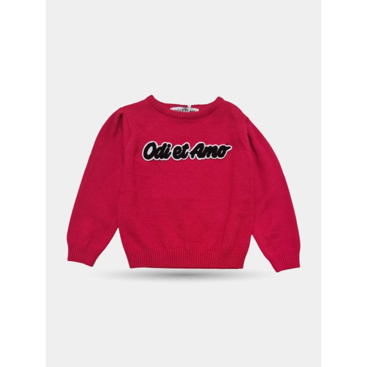 Maglione rosso Odi et Amo da neonata con logo sul petto, vista frontale