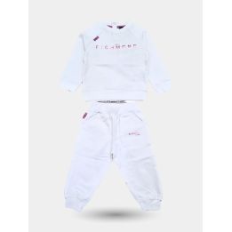 Tuta John Richmond bianca con logo lilla, maglia e pantalone, vista frontale