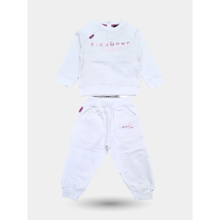 Tuta John Richmond bianca con logo lilla, maglia e pantalone, vista frontale