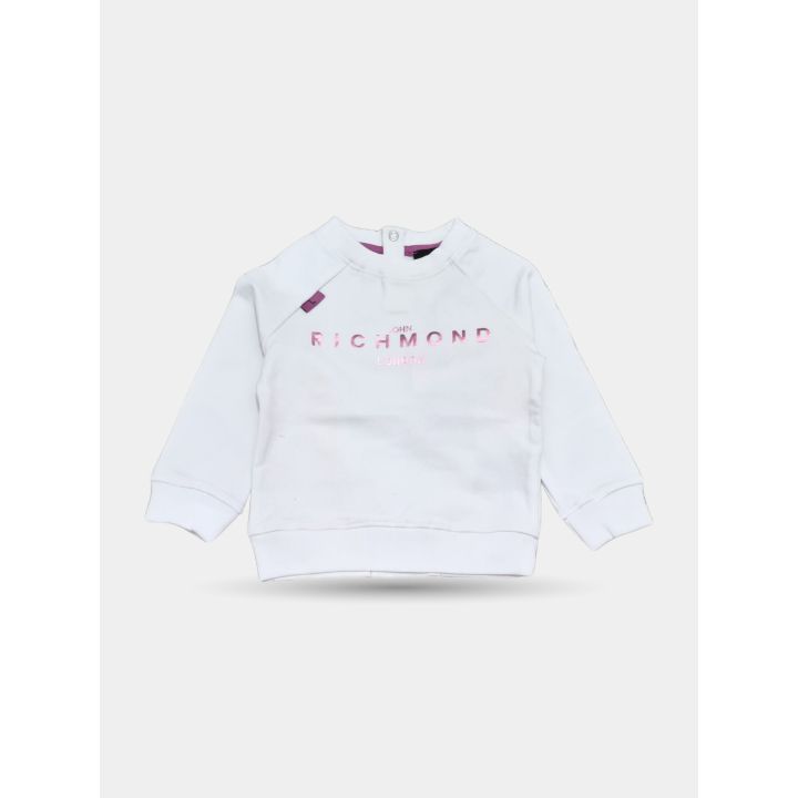 Maglia bianca della tuta John Richmond con scritta lilla e patch sulla spalla