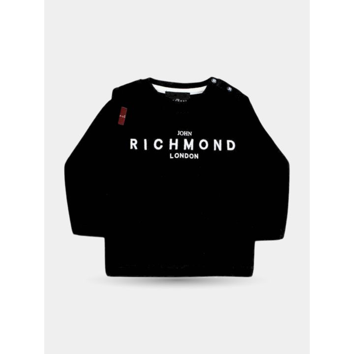 T-shirt nera John Richmond a maniche lunghe con logo bianco, vista frontale