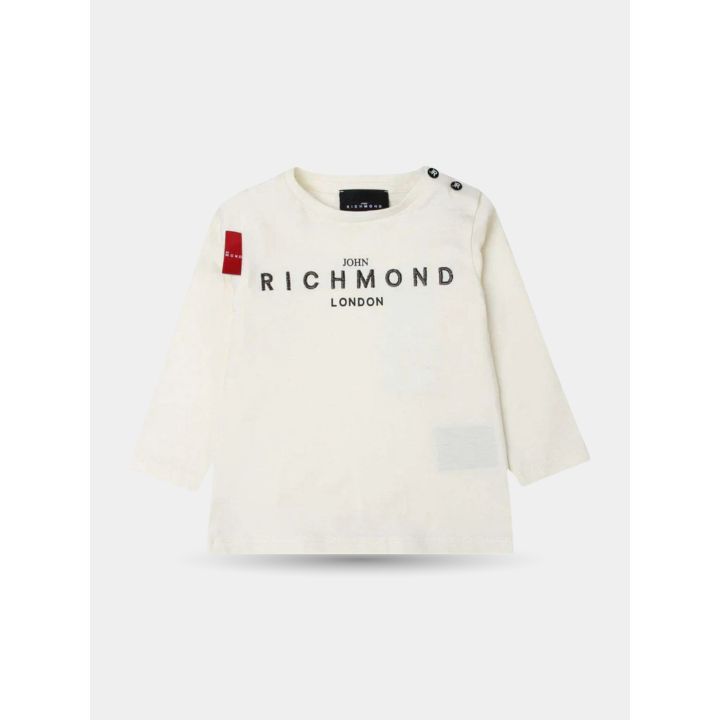 T-shirt bianca John Richmond a maniche lunghe con logo nero, vista frontale