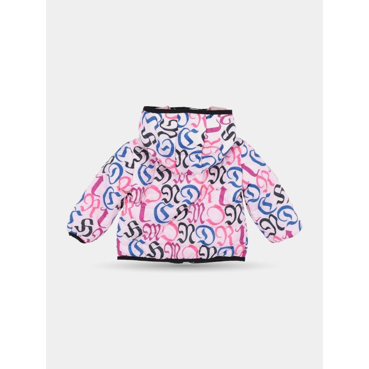 Retro del piumino rosa John Richmond con stampa di lettere multicolore