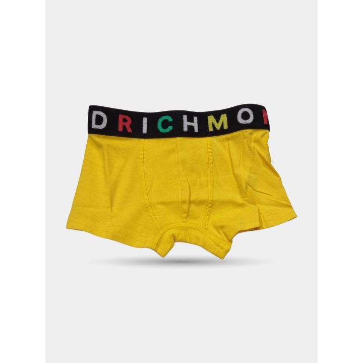 Boxer giallo John Richmond con fascia nera e lettere colorate, vista frontale