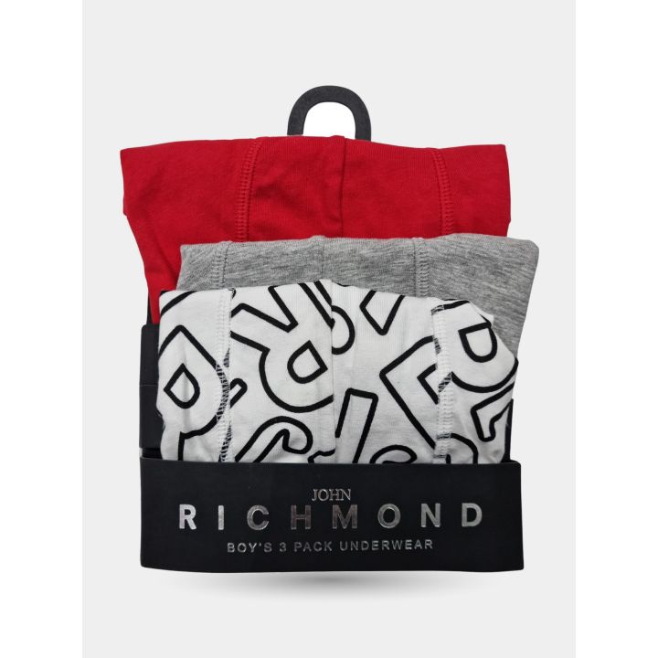 Confezione da tre boxer John Richmond rosso, grigio e bianco a lettere