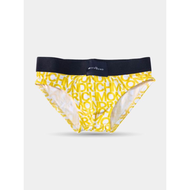 Slip giallo John Richmond con le scritte del logo ripetute, vista frontale