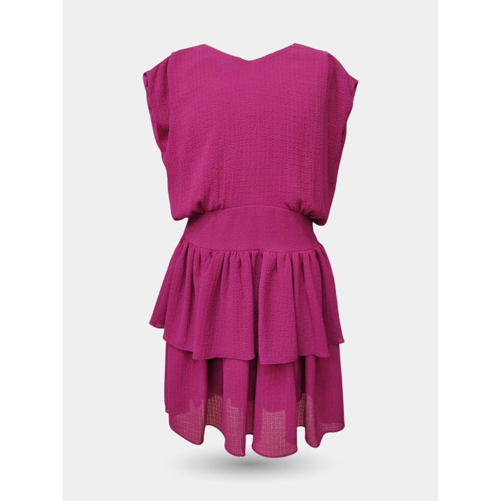 Abito Liu Jo fucsia con fascia in vita e gonna a balze, vista frontale