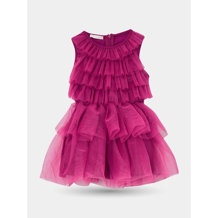 Abito Liu Jo in tulle fucsia con balze sul corpino, vista frontale