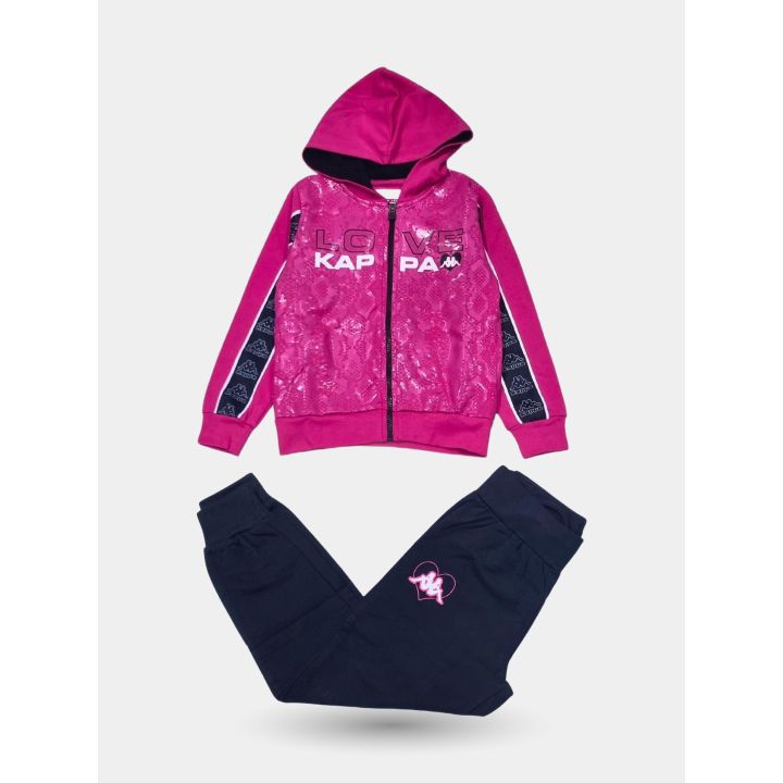 Tuta Kappa fucsia da bambina con felpa a zip e pantalone nero, vista frontale