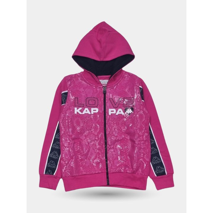 Felpa fucsia Kappa con zip, cappuccio e scritta Love Kappa, vista frontale