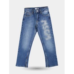 Jeans blu MSGM con logo in brillantini sulla gamba, vista frontale