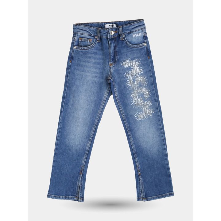 Jeans blu MSGM con logo in brillantini sulla gamba, vista frontale